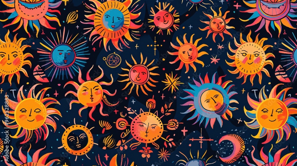 132. Detailed illustration of a seamless pattern with colorful suns, showcasing a mix of sunset and sunrise motifs, ideal for adding warmth and brightness to various designs 132. Detailed illustration of a seamless pattern with colorful suns, showcasing a mix of sunset and sunrise motifs, ideal for adding warmth and brightness to various designs