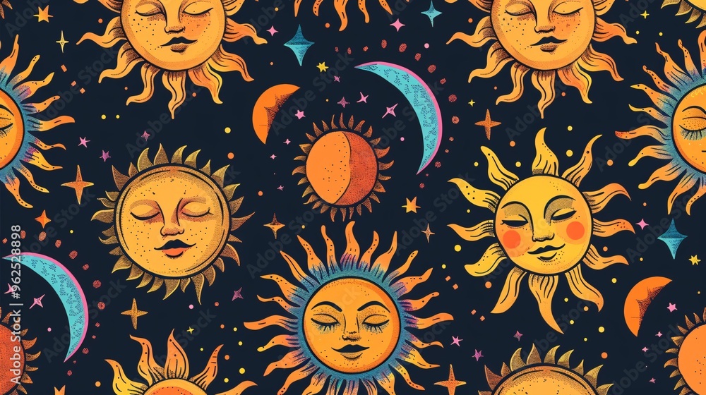 132. Detailed illustration of a seamless pattern with colorful suns, showcasing a mix of sunset and sunrise motifs, ideal for adding warmth and brightness to various designs 132. Detailed illustration of a seamless pattern with colorful suns, showcasing a mix of sunset and sunrise motifs, ideal for adding warmth and brightness to various designs