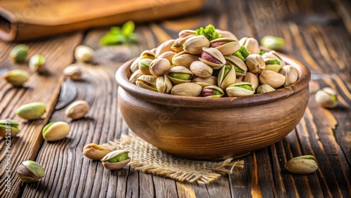 Peeled salted pistachios in a wooden bowl on a wooden table, pistachios, salted, snack, food, nuts, healthy, organic, wood