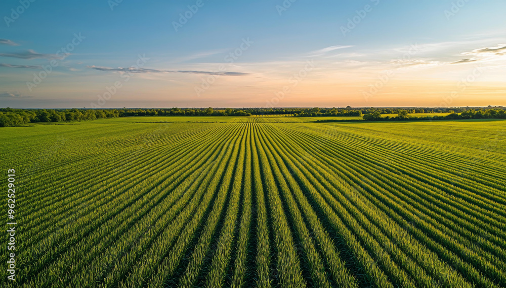 Aerial view of lush green farmland with organized rows under a clear sky during sunset. Aerial view of lush green farmland with organized rows under a clear sky during sunset.