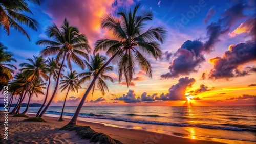 Vibrant sunset at the beach with silhouettes of palm trees and calm ocean waters, sunset, beach, tropical, palm trees