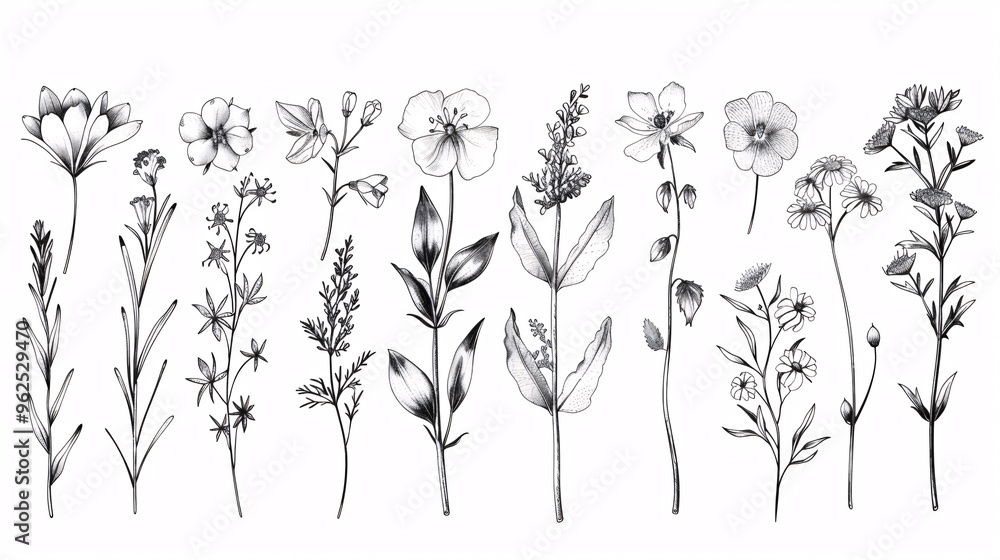 147. Detailed wild flower vector set, showcasing a variety of hand-drawn botanical elements including flowers, leaves, and herbs, ideal for spring-themed decor and graphic design projects 147. Detailed wild flower vector set, showcasing a variety of hand-drawn botanical elements including flowers, leaves, and herbs, ideal for spring-themed decor and graphic design projects