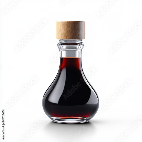 A sleek glass bottle filled with dark liquid and topped with a wooden cap, emphasizing simplicity and elegance in product design.