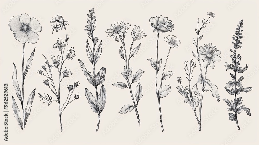 150. Hand-drawn wild flower vector collection, showcasing detailed botanical illustrations of floral elements, leaves, and herbs, perfect for decor, graphic design, and botanical artwork 150. Hand-drawn wild flower vector collection, showcasing detailed botanical illustrations of floral elements, leaves, and herbs, perfect for decor, graphic design, and botanical artwork