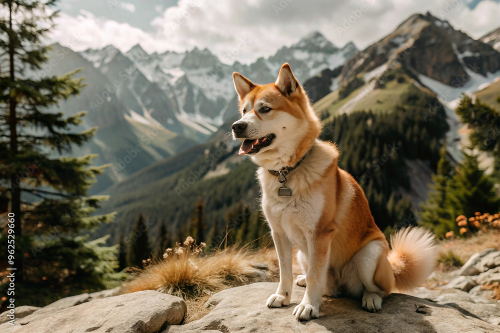 Akita Inu Dog Sitting on a Mountain Cliff with a Mountain View Akita Inu Dog Sitting on a Mountain Cliff with a Mountain View