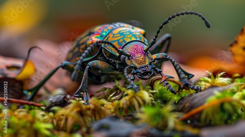 1. Close-up of a Carabus bessarabicus ground beetle in natural habitat, showcasing intricate patterns and iridescent colors on its exoskeleton, surrounded by moss and fallen leaves