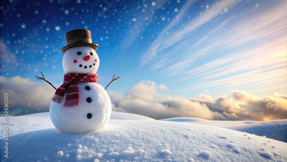 Obraz premium Snowman standing on a snowy hill, winter, snow, cold, frosty, holiday, festive, whimsical, cheerful, Christmas, hat, scarf