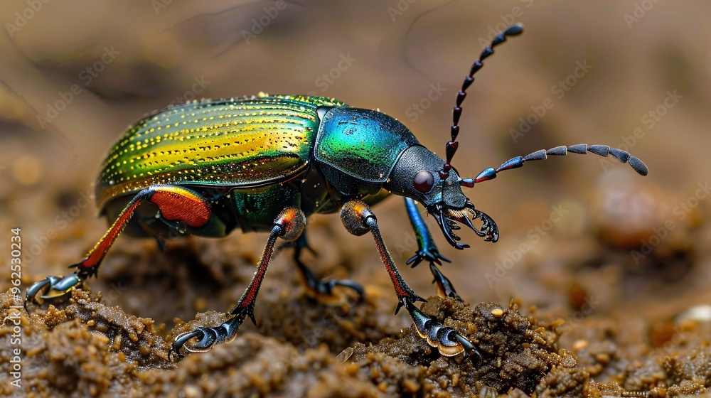 Fototapeta premium 4. High-resolution image of a Carabus bessarabicus beetle navigating through moist soil, with close-up details of its segmented body and natural environment