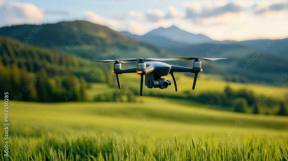 A drone hovers in the foreground over lush green fields with rolling mountains in the background, highlighting rural landscapes and technology. A drone hovers in the foreground over lush green fields with rolling mountains in the background, highlighting rural landscapes and technology.
