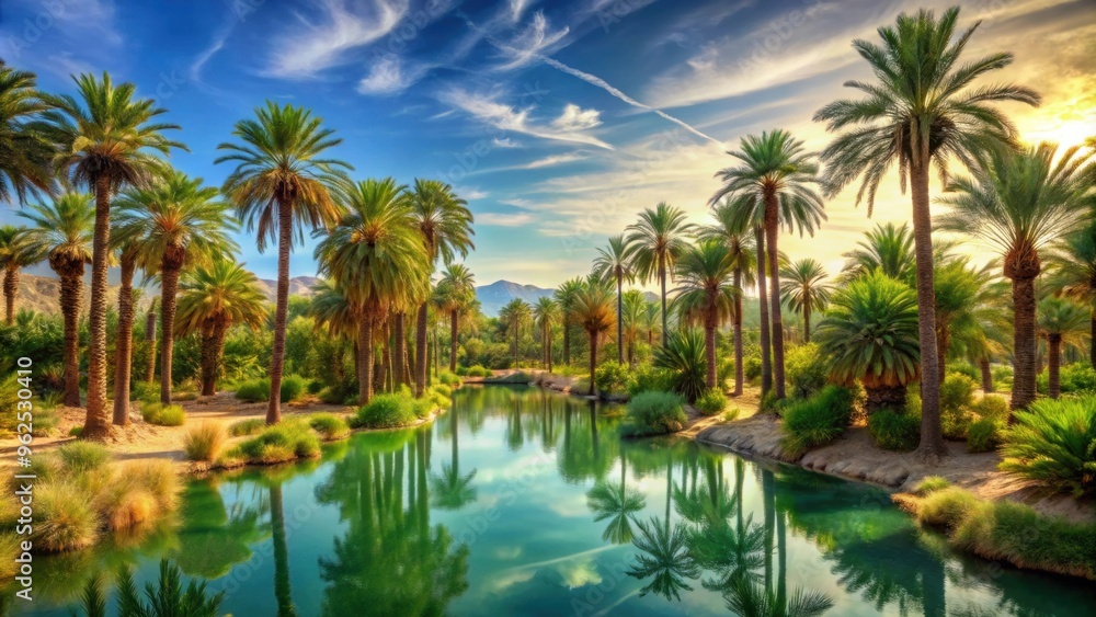 Lush oasis in the middle of a desert landscape with towering palm trees , oasis, desert, nature, landscape, palms, lush, greenery Lush oasis in the middle of a desert landscape with towering palm trees , oasis, desert, nature, landscape, palms, lush, greenery
