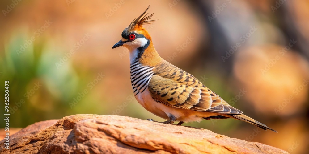 Naklejka premium Spinifex pigeon perched on a rock surrounded by granite at Granite Gorge, spinifex pigeon, rock, granite, Granite Gorge