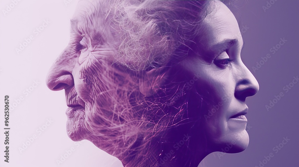 A dual profile image of an elderly woman and a middle-aged woman, both facing opposite directions. The purple hue adds a sense of reflection and passage of time. Ideal for aging and generational A dual profile image of an elderly woman and a middle-aged woman, both facing opposite directions. The purple hue adds a sense of reflection and passage of time. Ideal for aging and generational