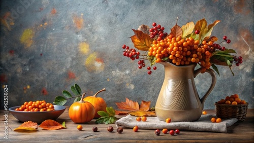 Wallpaper Mural Autumn still life featuring sea buckthorn in a jug, vegetables, berries Torontodigital.ca