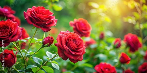 Wallpaper Mural Red rose flowers in full bloom against a lush green background, red rose, flowers, blooming, garden, nature, romantic Torontodigital.ca