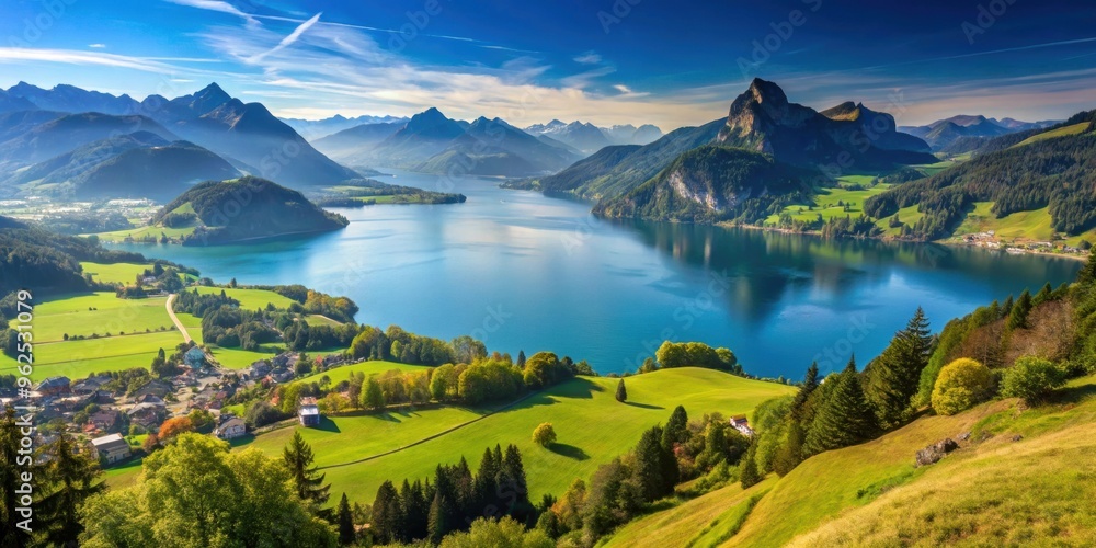 Rural landscape in the Swiss Alps overlooking Lake Lucerne, Swiss Alps, Lake Lucerne, Switzerland, rural, landscape, resort Rural landscape in the Swiss Alps overlooking Lake Lucerne, Swiss Alps, Lake Lucerne, Switzerland, rural, landscape, resort