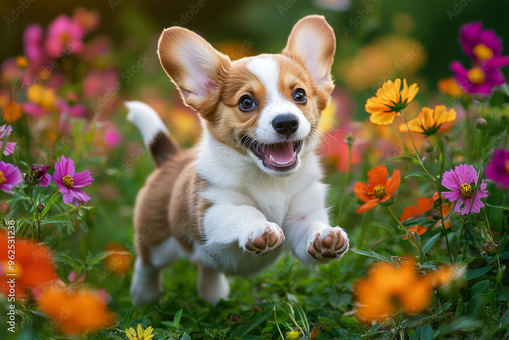 A playful corgi puppy joyfully leaps through a vibrant field of colorful flowers, embodying happiness and energy. A playful corgi puppy joyfully leaps through a vibrant field of colorful flowers, embodying happiness and energy.