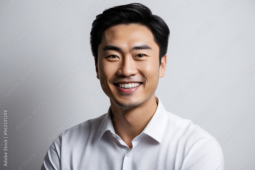 Striking Portrait of a Confident Young Asian Man Smiling Against a White Background Striking Portrait of a Confident Young Asian Man Smiling Against a White Background