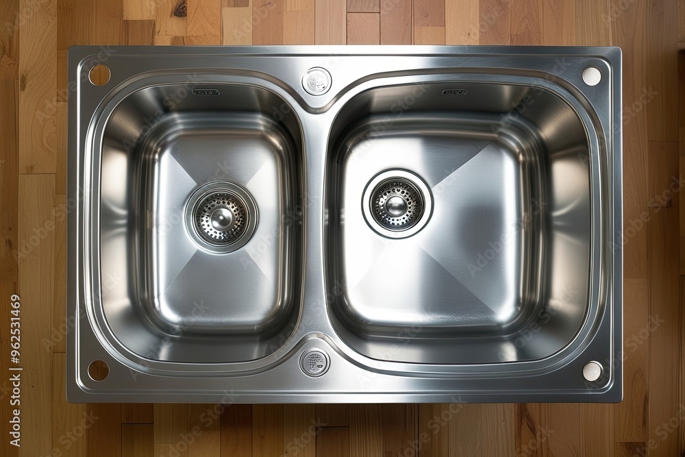 Spotless Industrial Stainless Steel Kitchen Sink Overhead Perspective Spotless Industrial Stainless Steel Kitchen Sink Overhead Perspective