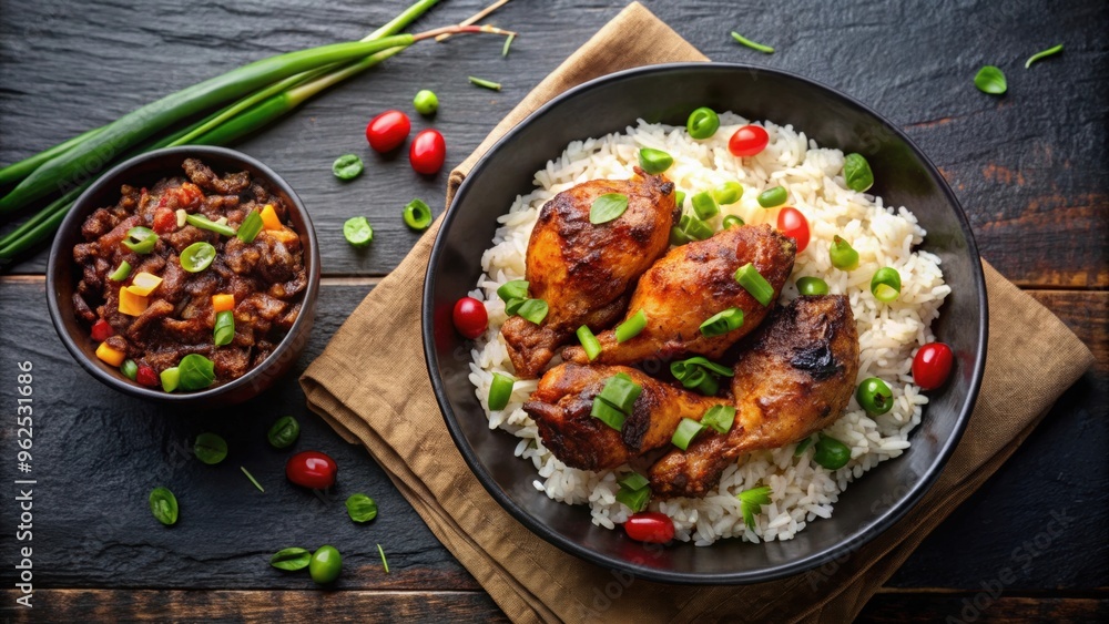 Jamaican jerk chicken served with rice and peas in a black bowl , Jamaican, jerk chicken, rice Jamaican jerk chicken served with rice and peas in a black bowl , Jamaican, jerk chicken, rice