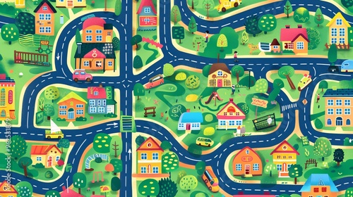 20. Colorful and fun city map illustration, showcasing a seamless pattern of cartoon town elements such as houses, roads, and playgrounds, creating an engaging and lively background