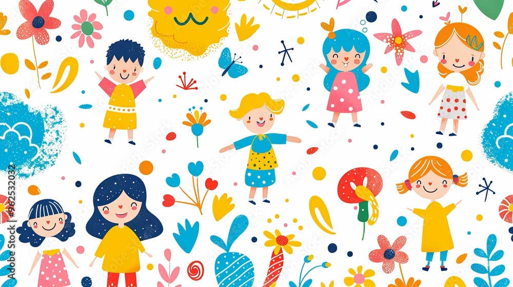 Colorful Pattern of Happy Children Surrounded by Flowers and Sun Colorful Pattern of Happy Children Surrounded by Flowers and Sun