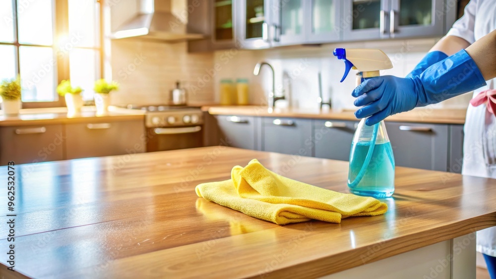 Sanitizing a home kitchen table with disinfectant spray, gloves, and towel , Sanitizing, home, kitchen, table, disinfectant Sanitizing a home kitchen table with disinfectant spray, gloves, and towel , Sanitizing, home, kitchen, table, disinfectant