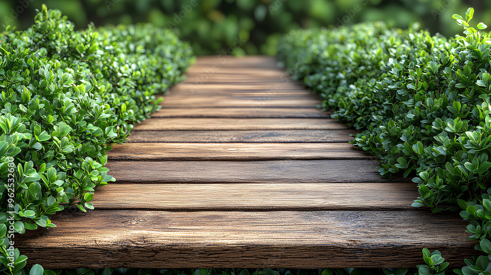 Wooden floor with green bushes isolated on background Wooden floor with green bushes isolated on background