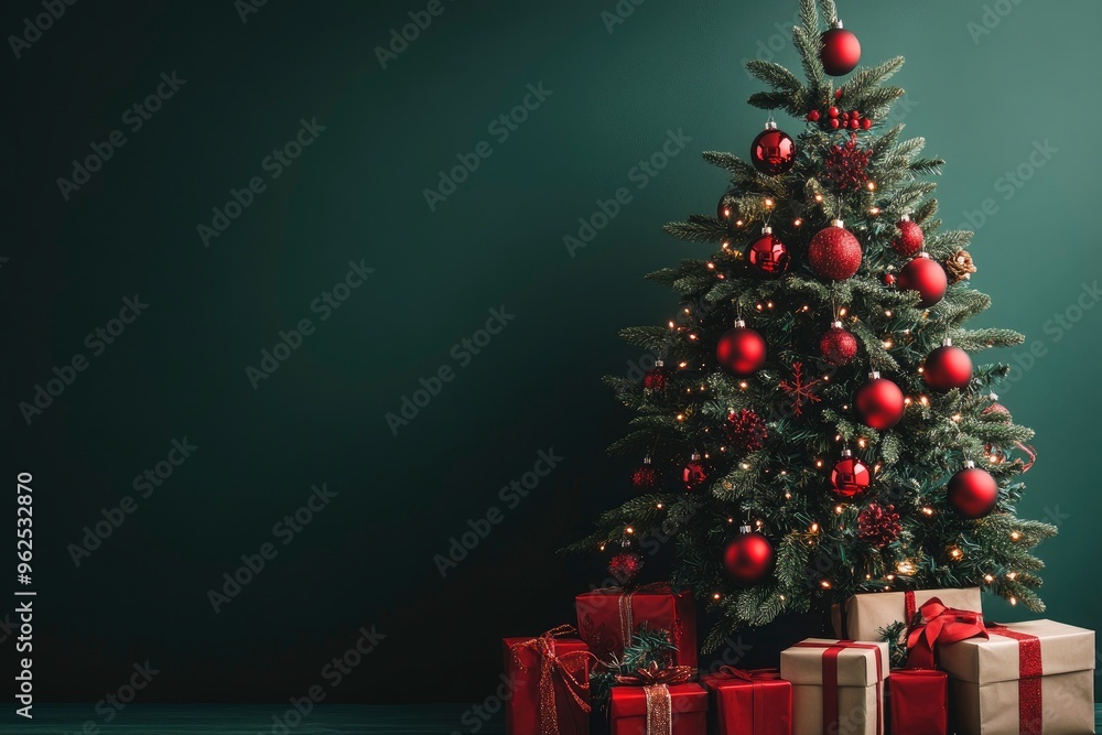 Christmas tree with gift boxes and red baubles on green background. Christmas concept with copy space for text with generative ai Christmas tree with gift boxes and red baubles on green background. Christmas concept with copy space for text with generative ai