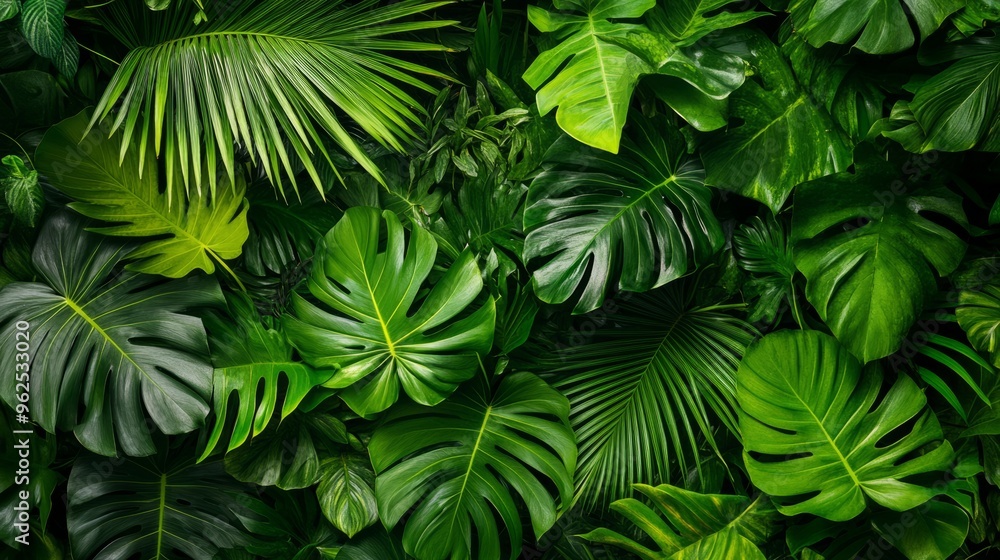 A vibrant tropical leaves background with rich green foliage, perfect for natural and eco-friendly product displays and presentations A vibrant tropical leaves background with rich green foliage, perfect for natural and eco-friendly product displays and presentations