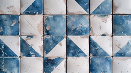 43. High-resolution image of white and blue ceramic tiles arranged in a simple yet striking geometric pattern, suitable for web design and decorative purposes photo