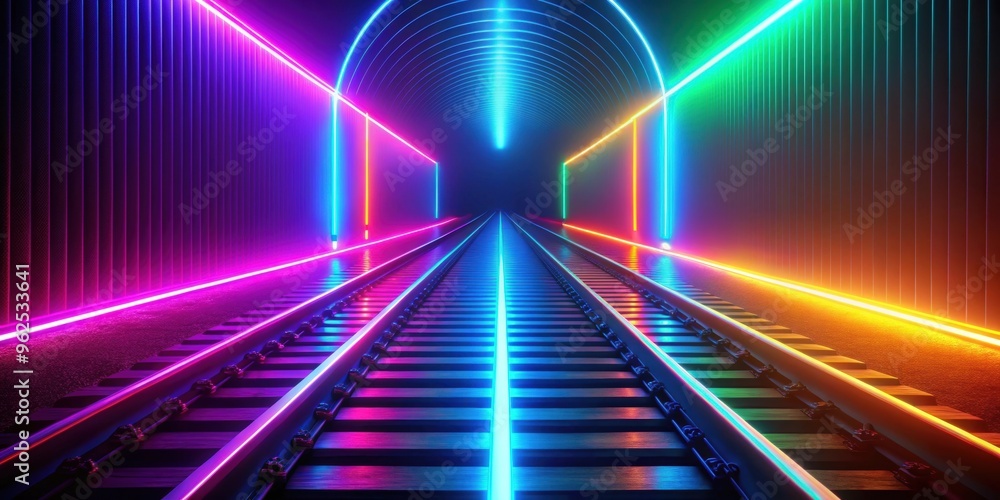 Glowing neon tracks on a background of bright colored lines , cyberpunk, waves, neon, electrical, colorful, vibrant Glowing neon tracks on a background of bright colored lines , cyberpunk, waves, neon, electrical, colorful, vibrant