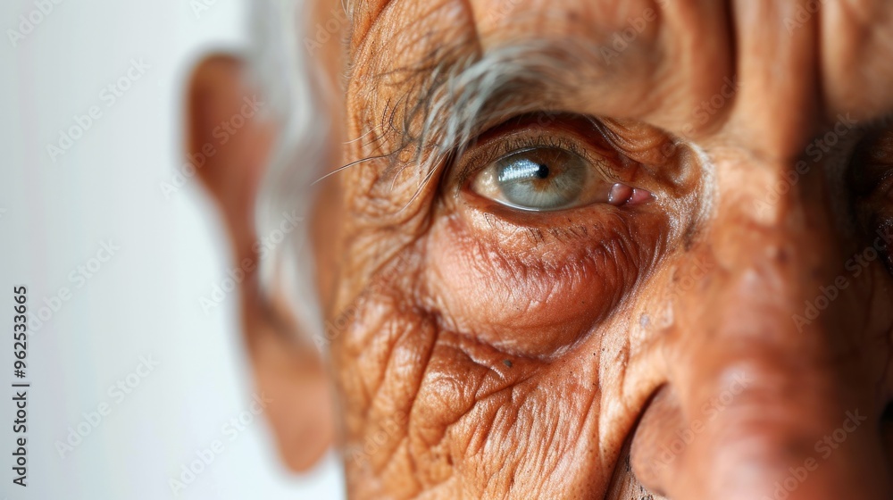 An extreme close-up shot focusing on the eye of an elderly man, revealing the intricate details and textures of his skin and eye. This image emphasizes the depth and story found in the human eye An extreme close-up shot focusing on the eye of an elderly man, revealing the intricate details and textures of his skin and eye. This image emphasizes the depth and story found in the human eye