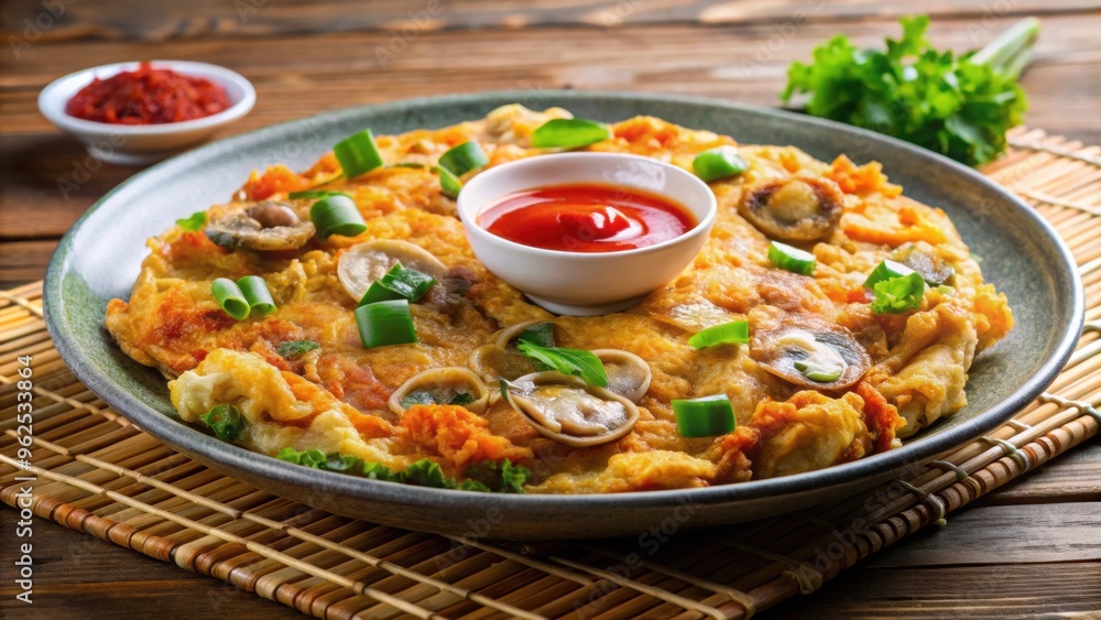 Crispy oyster omelette with chili sauce, popular Chinese seafood dish, crispy, oyster, omelette, chili sauce, Chinese Crispy oyster omelette with chili sauce, popular Chinese seafood dish, crispy, oyster, omelette, chili sauce, Chinese
