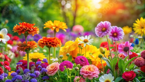 Bright and colorful flowers blooming in a vibrant garden , multicolored, floral, garden, spring, summer, vibrant, nature