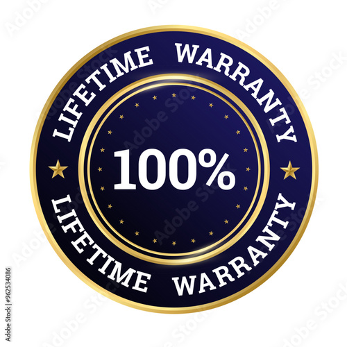 Lifetime Warranty label, Gold and blue badge icons for Premium quality product guarantee 100% Lifetime ,round circle vector design for packaging design element