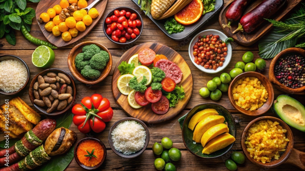 Traditional Brazilian cuisine featuring a colorful array of fruits, meats, and vegetables, Brazilian food, Feijoada Traditional Brazilian cuisine featuring a colorful array of fruits, meats, and vegetables, Brazilian food, Feijoada
