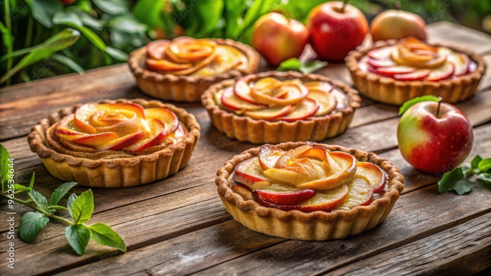 Apple tarts arranged beautifully on a rustic garden table, apple, tarts, dessert, baked goods, sweet, delicious, food, pastries Apple tarts arranged beautifully on a rustic garden table, apple, tarts, dessert, baked goods, sweet, delicious, food, pastries