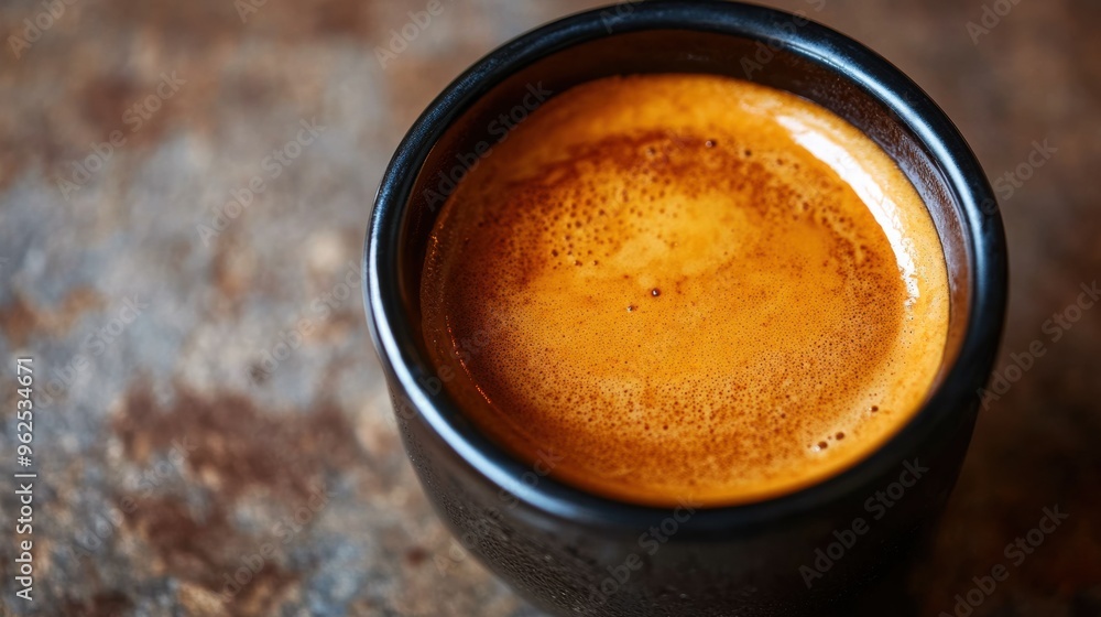Freshly Brewed Espresso Shot in Black Ceramic Cup on Rustic Surface Freshly Brewed Espresso Shot in Black Ceramic Cup on Rustic Surface