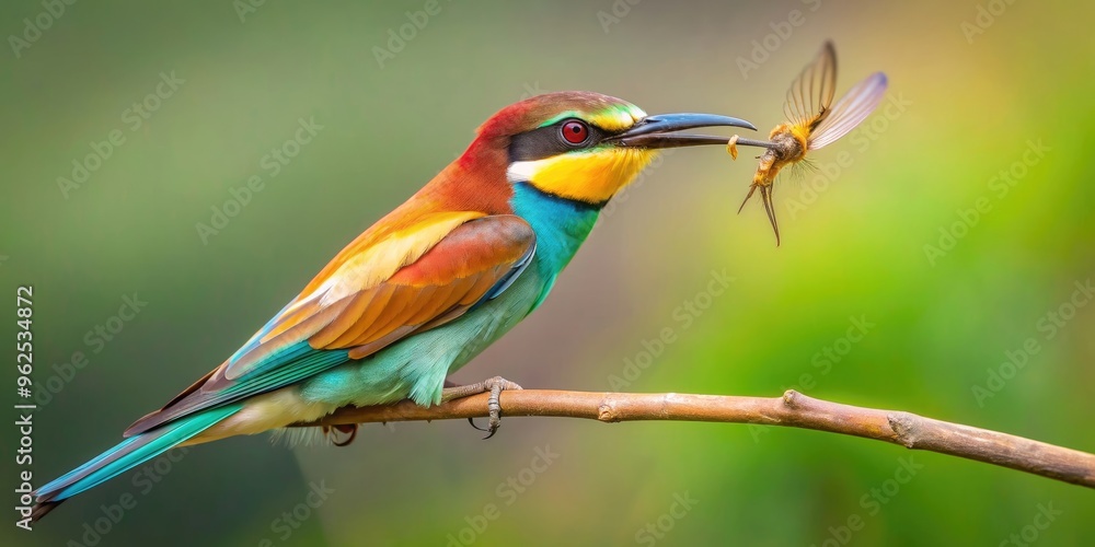 Obraz premium European bee-eater catching and devouring a dragonfly, European bee-eater, Merops apiaster, flying, hunting, predator