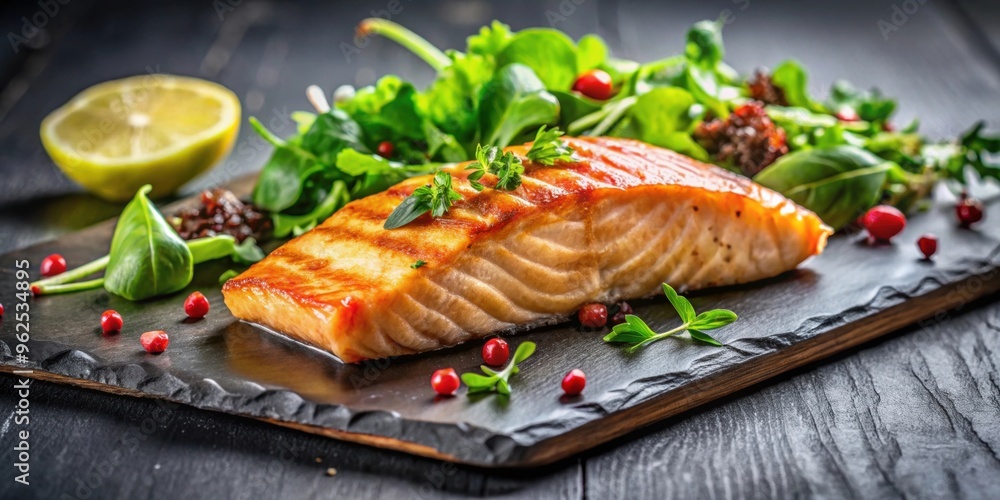 Grilled salmon fish fillet with green salad on black cutting board, close up, salmon, fish, fillet, grilled, green salad Grilled salmon fish fillet with green salad on black cutting board, close up, salmon, fish, fillet, grilled, green salad