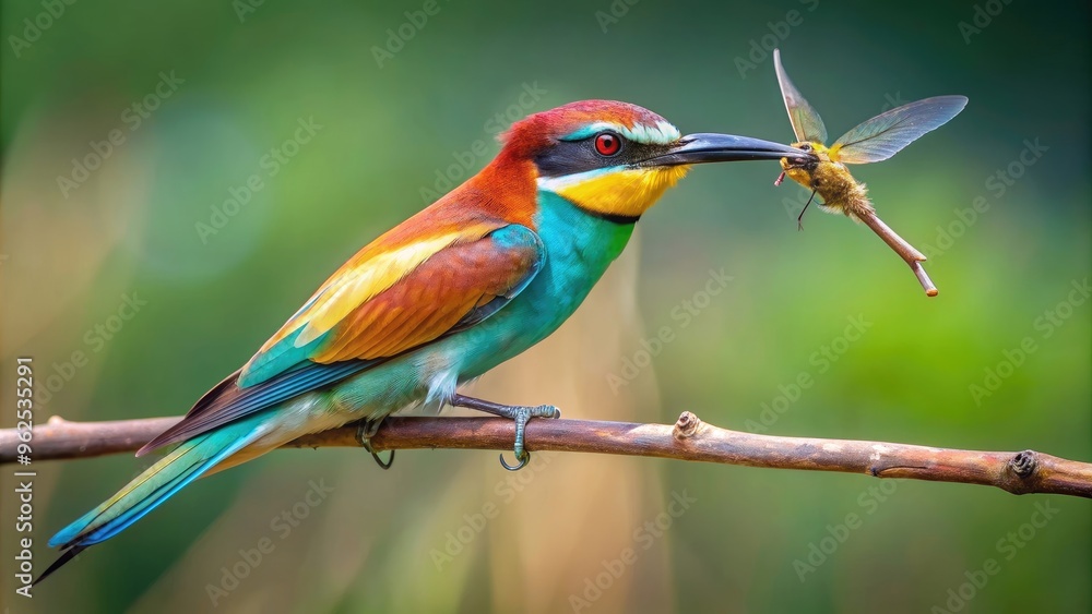 Fototapeta premium European bee-eater catching and devouring a dragonfly, European bee-eater, Merops apiaster, flying, hunting, predator