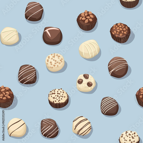 Cute seamless background with chocolate truffles and bon-bons, Blue colored background