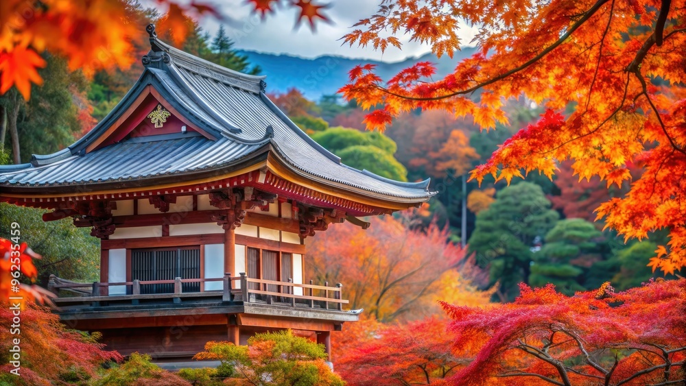 Traditional Japanese temple surrounded by vibrant maple leaves in autumn , Japan, temple, traditional, architecture Traditional Japanese temple surrounded by vibrant maple leaves in autumn , Japan, temple, traditional, architecture