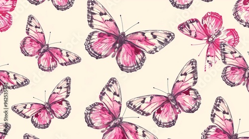 77. High-resolution repeating pattern featuring hand-drawn pink butterflies, designed with delicate details and a cohesive, seamless layout for a stylish background