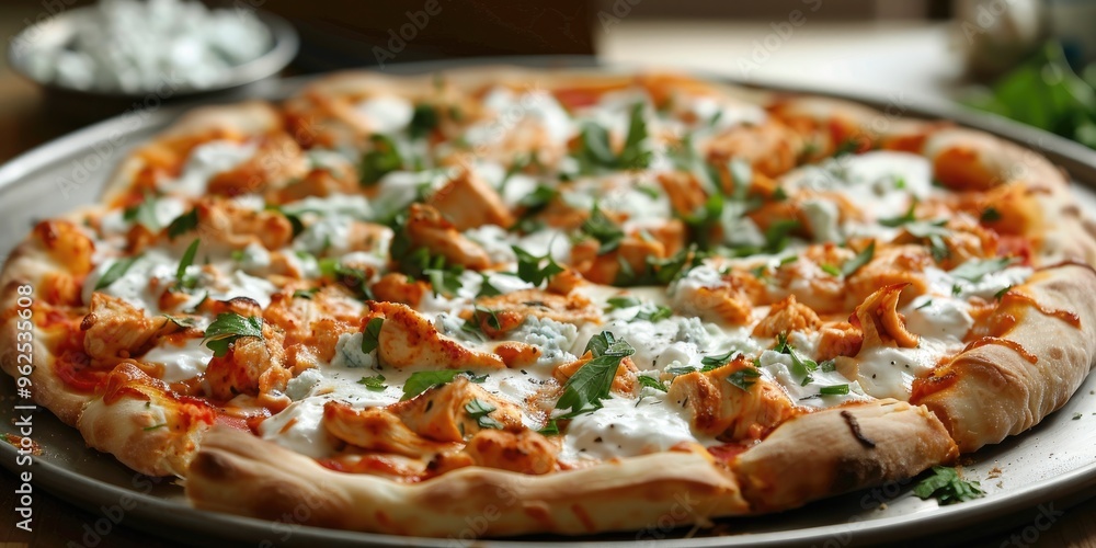 Spicy Chicken Pizza Served with Homemade Blue Cheese Sauce Spicy Chicken Pizza Served with Homemade Blue Cheese Sauce