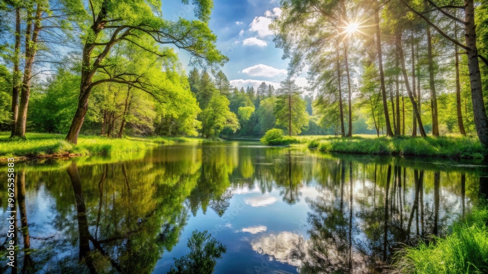 Peaceful forest and pond in a spring or summer landscape, nature, serene, tranquil, trees, water, reflections, greenery, wildlife Peaceful forest and pond in a spring or summer landscape, nature, serene, tranquil, trees, water, reflections, greenery, wildlife