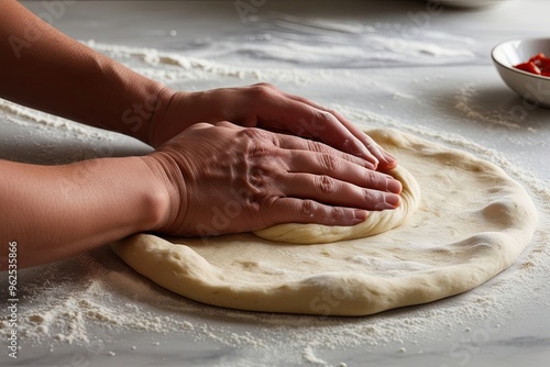 Hands Kneading Pizza Dough on Floured Surface Close Up