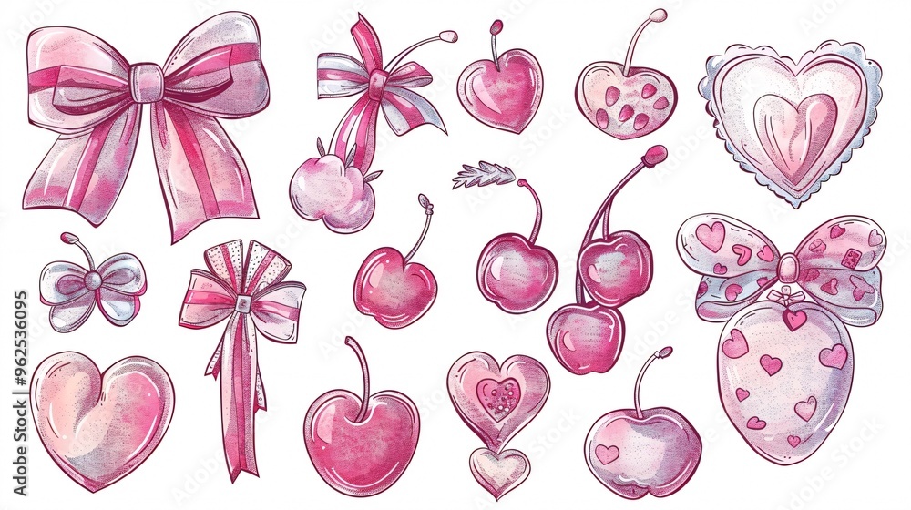 92. Detailed vector drawing of cherry bows and heart motifs, created in a soft girl aesthetic with a trendy and girly touch, ideal for Valentine's Day-themed illustrations 92. Detailed vector drawing of cherry bows and heart motifs, created in a soft girl aesthetic with a trendy and girly touch, ideal for Valentine's Day-themed illustrations