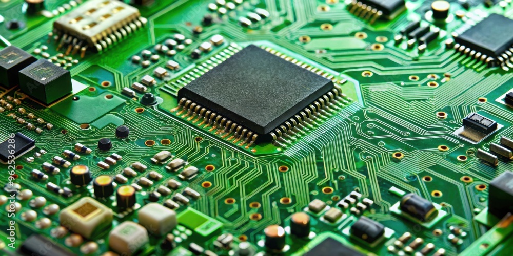 Close-up of a green electronic circuit board with various components, technology, electronic, hardware Close-up of a green electronic circuit board with various components, technology, electronic, hardware