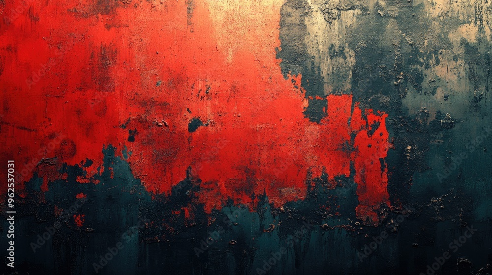 Fototapeta premium A close-up shot of a weathered red, blue, and grey painted wall with peeling paint and textured surface.